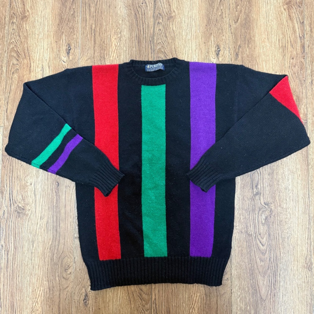 VTG 80s Puritan Scotland Shetland Wool Knit Sweater Mens L Colorblock 2 Ply Yarn